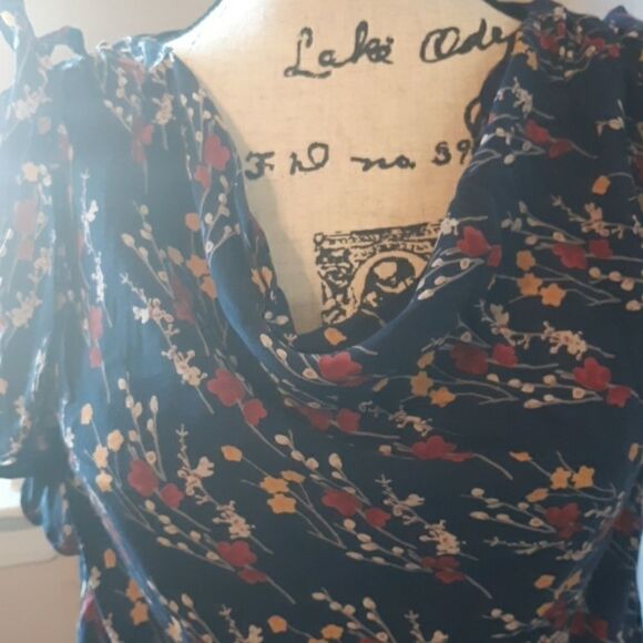 💫💫💫ANTHROPOLOGIE ODILLE BLUE FLORAL COWLNECK RUFFLE CAP SLEEVE TOP XS - Picture 3 of 5